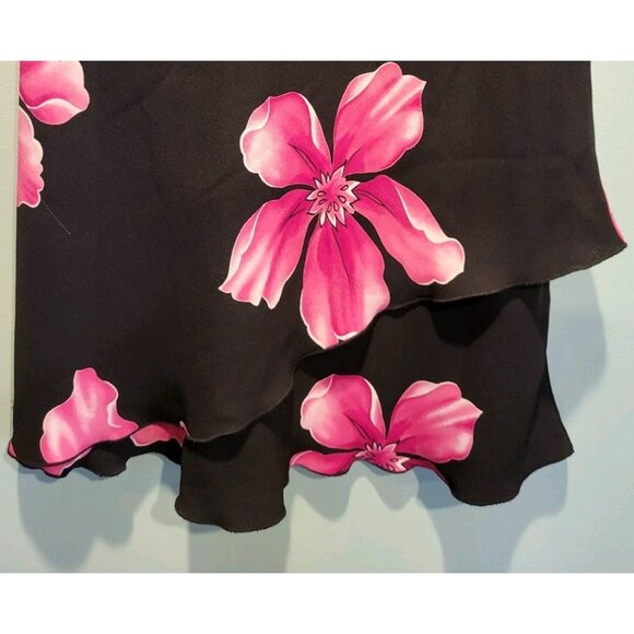 Black Pink Floral Short Flutter Sleeve Fluted Hem Dress Sz 8 Whimsygoth - Picture 3 of 6